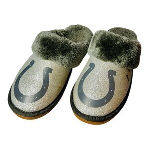 FOCO Indianapolis Colts womens glitter fur moccasin slippers horseshoe logo Sz m